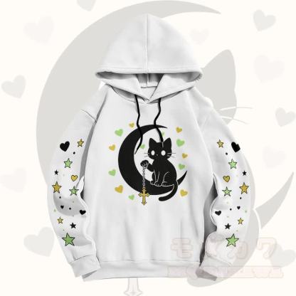 Modakawa Pullover-Hoodie mit Farbverlauf, schwarzer Katze und Mond-Grafik - Weiß B - 6XL - image 10