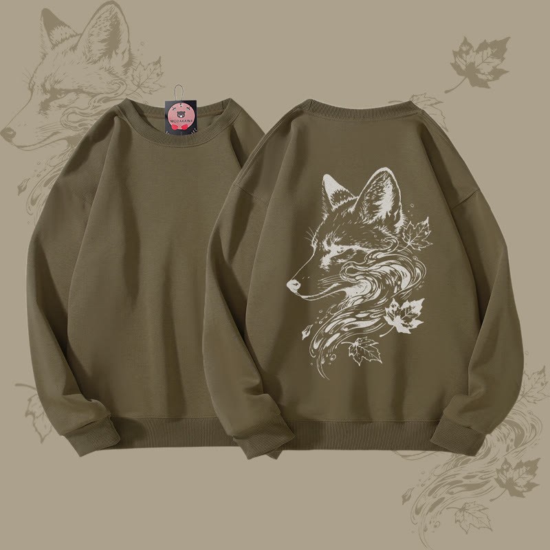 MODAKAWA Unisex-Sweatshirt mit Blätter- und Fuchsmotiv - Dark Khaki - 5XL - image 3