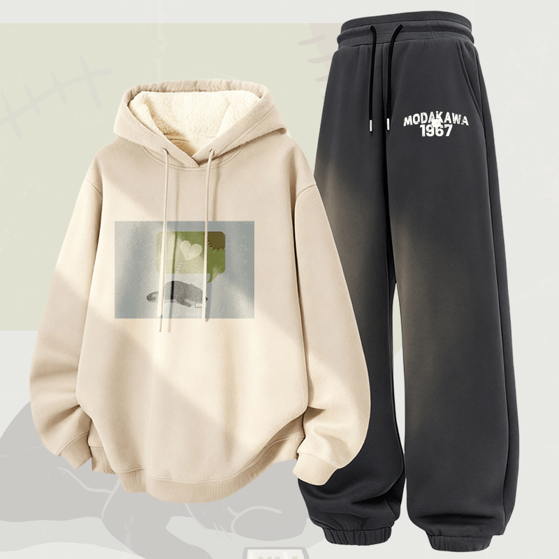 MODAKAWA Zweiteiliges Set aus Kapuzenpullover und Hose mit stummen Herz-Katzenmotiv, dick gefüttert mit Fleece - Apricot&Dark Grey - 5XL - image 3