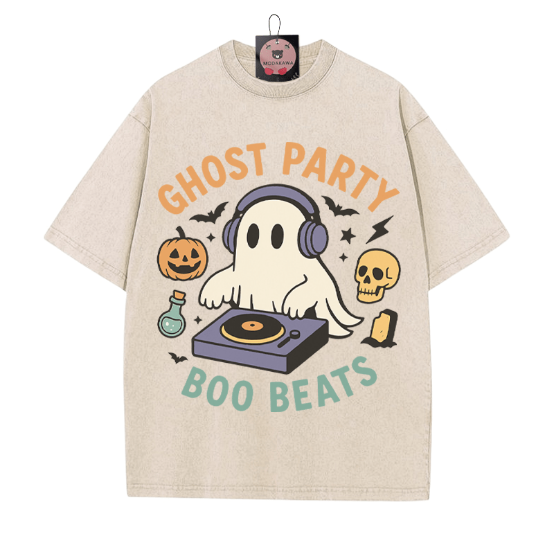 GHOST PARTY BOO BEATS DJ Ghost Grafik Unisex Vintage gewaschenes T-Shirt - Aprikose - 5XL - image 5