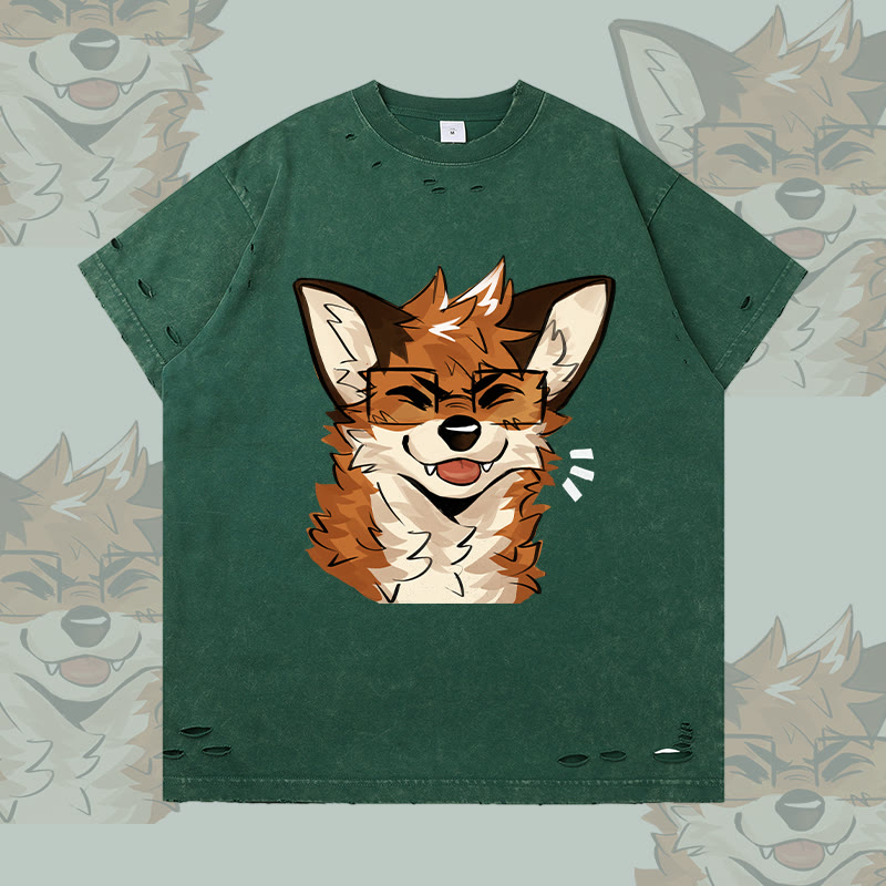 MODAKAWA X atka Fuchs mit Brille Grafik Zerrissenes T-Shirt - Dark Green - 2XL - image 2