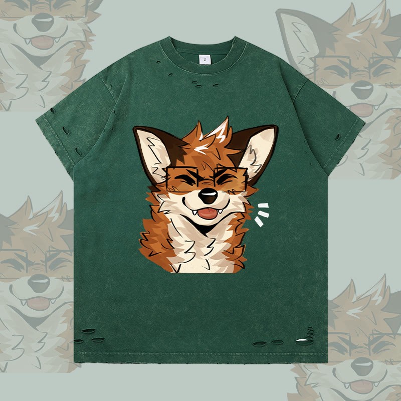 MODAKAWA X atka Fuchs mit Brille Grafik Zerrissenes T-Shirt - Dark Green - 2XL - image 2