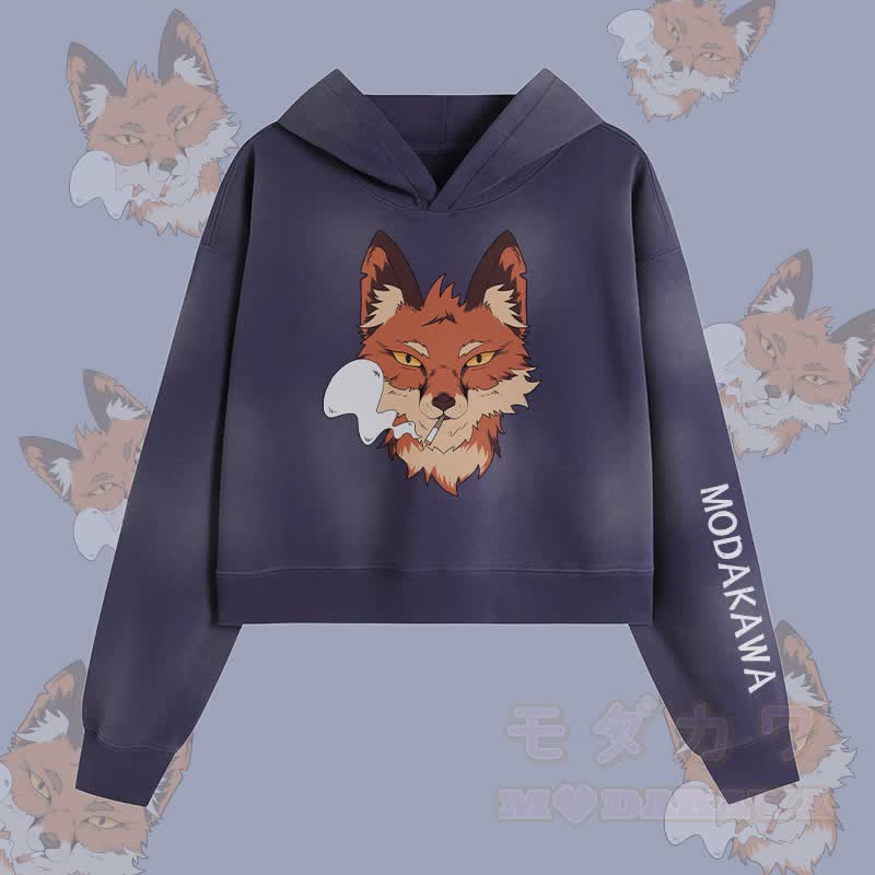 MODAKAWA Smoking Fox Graphic Unisex Vintage Washed Hoodie - Blau - XL - image 3
