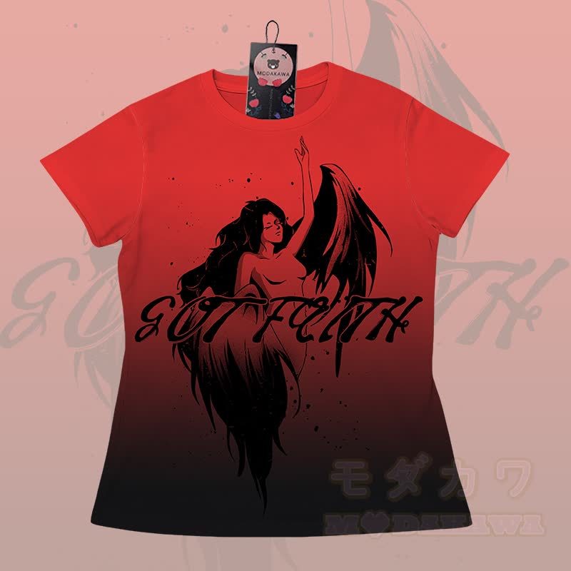 EVIL FAITH Angel Graphic Gradient T-Shirt Shorts Modakawa Matching Outfit - Rotes T-Shirt - 5XL - image 6