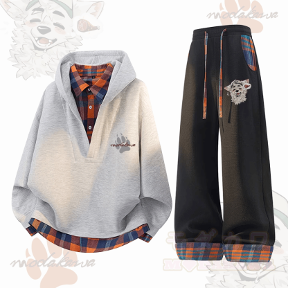 MODAKAWA X atka Fox Wants Meat Graphic Plaid Hoodie Pants Two Pieces Set - Grau & Schwarz - 3XL - image 3