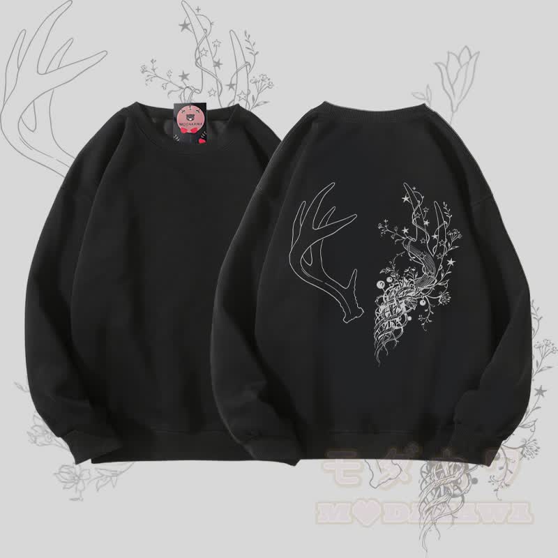 MODAKAWA Unisex-Sweatshirt mit Blumen- und Geweih-Motiv - Schwarz - 5XL - image 4