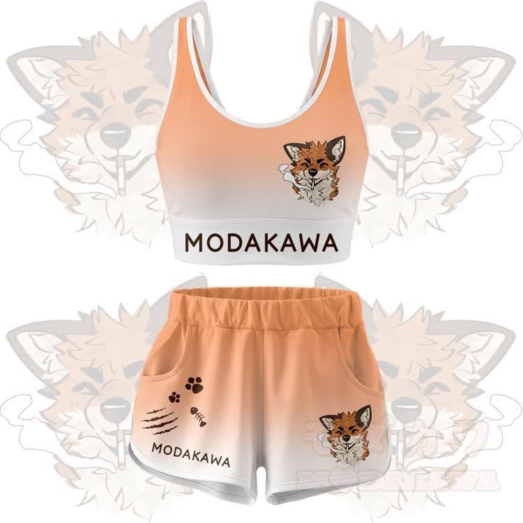 MODAKAWA X atka Smoking Fox Graphic Crop Tank Tank Sport Top Shorts Bikini Matching Outfit - Orange Set - 5XL - image 13