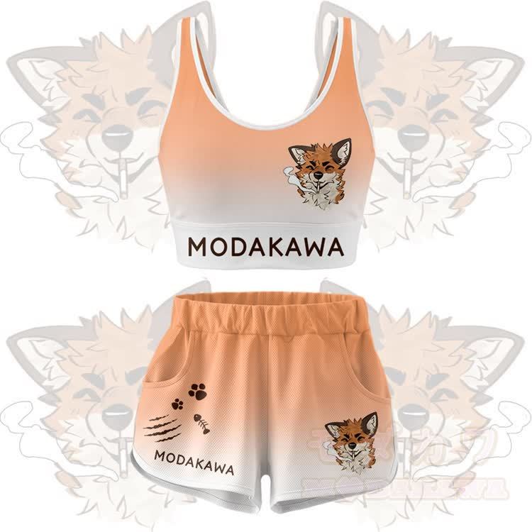 MODAKAWA X atka Smoking Fox Graphic Crop Tank Tank Sport Top Shorts Bikini Matching Outfit - Orange Set - 5XL - image 13