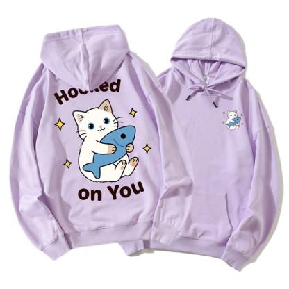 Kitty Holding Fish Graphic Paar Passender Hoodie - Purple A - 5XL - image 6