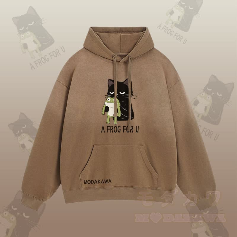 A FROG FOR U – Streetwear-Hoodie mit schwarzer Katze und Frosch-Grafik und Farbverlauf - Braun - 2XL - image 4