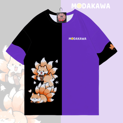 Neunschwänziger Fuchs Grafik Modakawa Farben Block T-Shirt - Black & Purple - 5XL - image 5