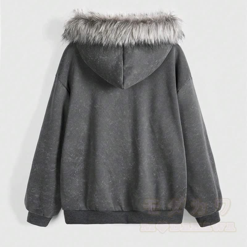Gothic-Kapuzenjacke mit Pelzbesatz, gekreuztem Flügelmuster und Reißverschluss - image 7
