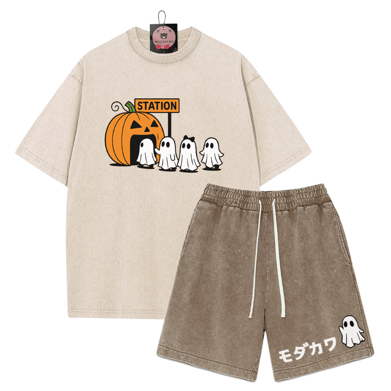 T-Shirt mit Kürbisgeist-Print, verwaschene Vintage-Shorts , MODAKAWA Zweiteiler-Set - Apricot&Brown - 3XL - image 8