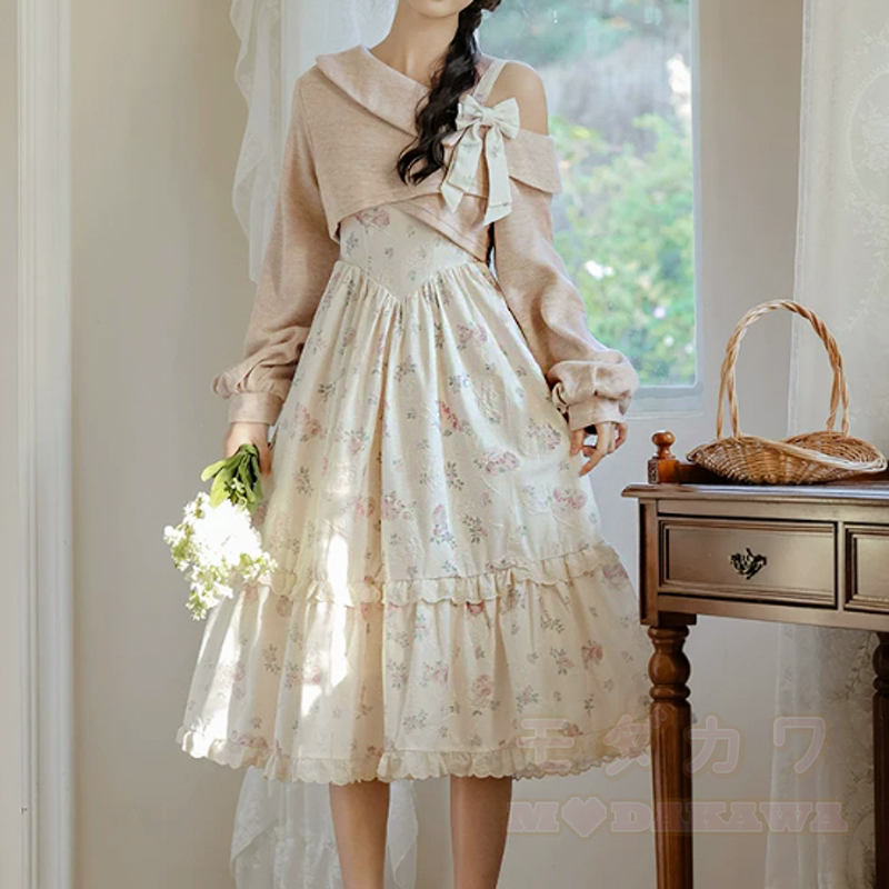 Elegantes schulterfreies Strickoberteil mit Schleife, floralem Rüschenkleid, zweiteiliges Set - image 6