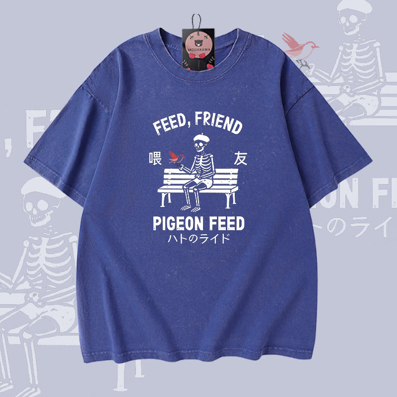 FÜTTERTAUBEN-FÜTTERUNG Skelett-Grafik Modakawa Vintage gewaschenes T-Shirt aus 100 % Baumwolle - Blue - 5XL - image 4