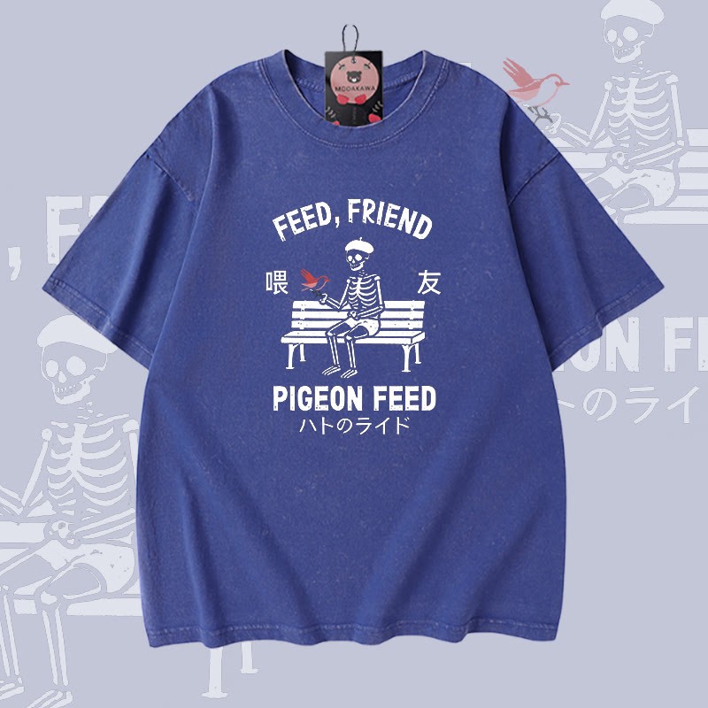 FÜTTERTAUBEN-FÜTTERUNG Skelett-Grafik Modakawa Vintage gewaschenes T-Shirt aus 100 % Baumwolle - Blue - 5XL - image 4