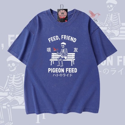 FÜTTERTAUBEN-FÜTTERUNG Skelett-Grafik Modakawa Vintage gewaschenes T-Shirt aus 100 % Baumwolle - Blue - 5XL - image 4