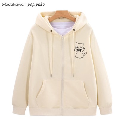 MODAKAWA X popipeko Open Arms Kitty Graphic Zip Up Hoodie Sweatshirt - Apricot - 5XL - image 3