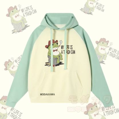 MEIN LEBEN IST EIN MÜLLTONNE Rauchender Frosch Grafik Streetwear Farben Block Hoodie - Hellgrün&Aprikose - 3XL - image 3