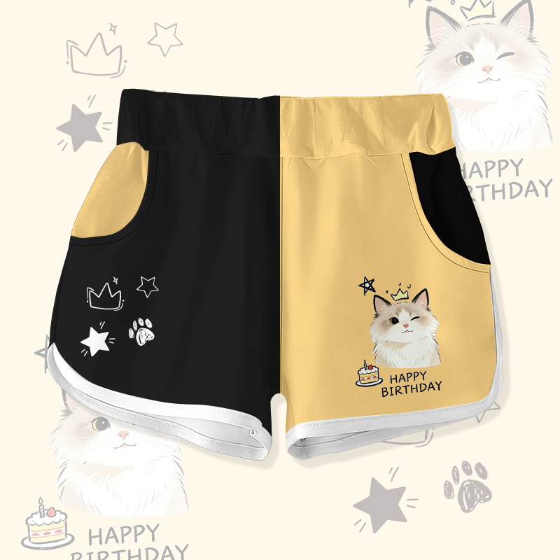 HAPPY zum Geburtstag, Wink Cat Cake Graphic Modakawa Farben Block Shorts - Black & Yellow - 5XL - image 2