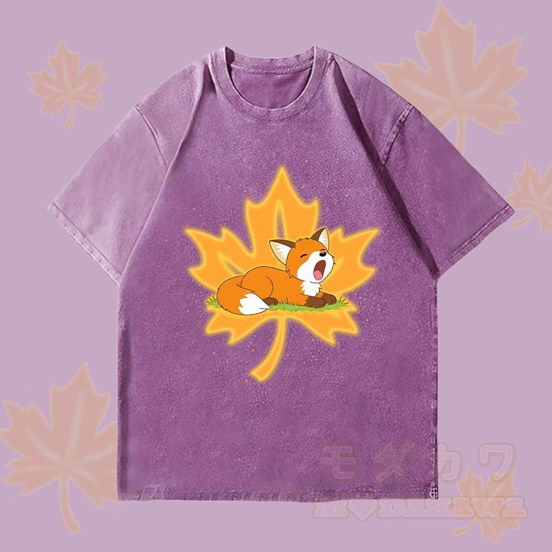 MODAKAWA Sleepy Maple Fox Grafik Unisex Vintage Washed T-Shirt - Lila - 4XL - image 3