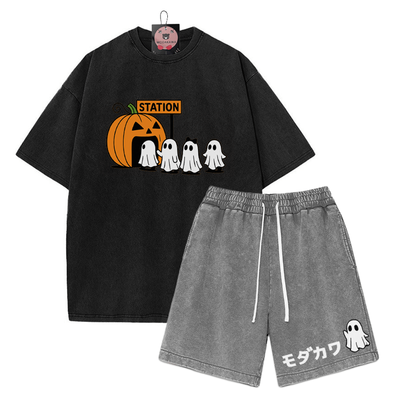 T-Shirt mit Kürbisgeist-Print, verwaschene Vintage-Shorts , MODAKAWA Zweiteiler-Set - Black&Grey - 3XL - image 3