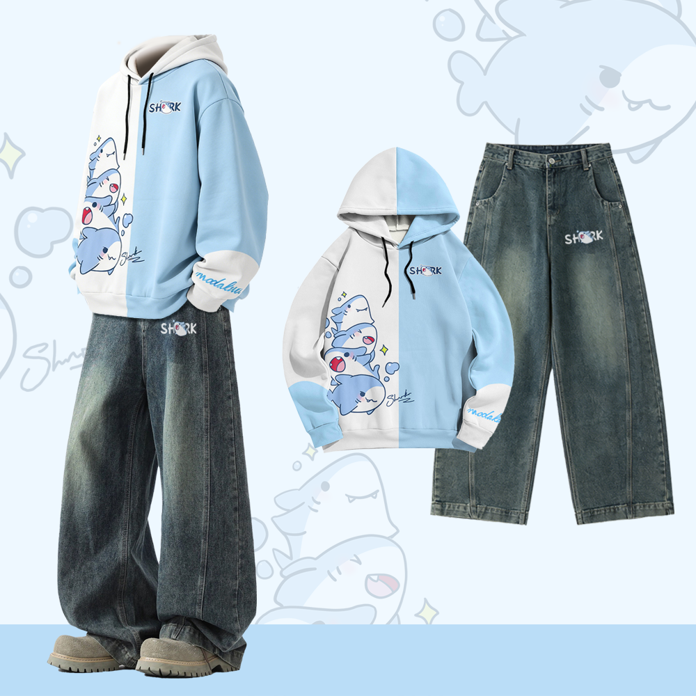 Pullover-Hoodie mit Hai-Motiv und Allover-Print, Vintage-Jeanshose, Modakawa Zweiteiler-Set - Set B - 3XL - image 2