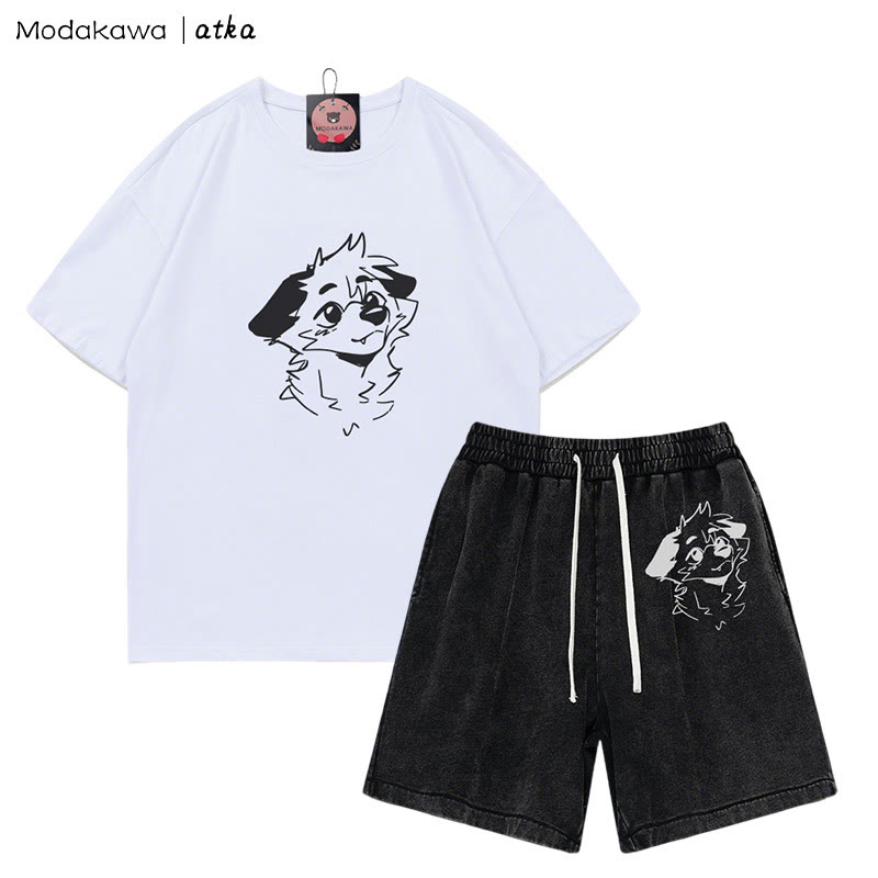 MODAKAWA X atka T-Shirt mit Anticipating Fox-Grafik und verwaschenen Vintage-Shorts, zweiteiliges Set - White&Black - 3XL - image 8