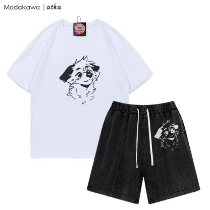 MODAKAWA X atka T-Shirt mit Anticipating Fox-Grafik und verwaschenen Vintage-Shorts, zweiteiliges Set - White&Black - 3XL - image 8