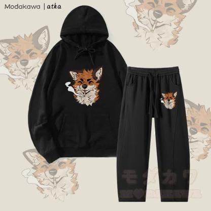 MODAKAWA X atka Fox Smoking Graphic Hoodie Herren Kordelzughose Zweiteiliges Set - Schwarz - 4XL - image 7