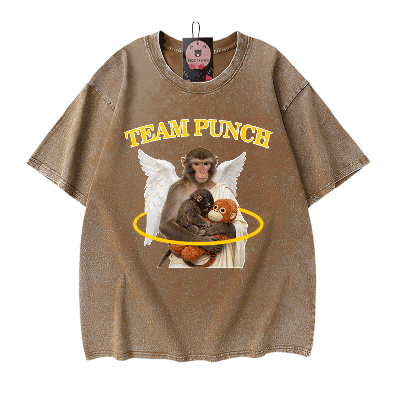 TEAM PUNCH Angel Monkey Graphic Modakawa Unisex Vintage Washed T-Shirt - Brown - 5XL - image 9