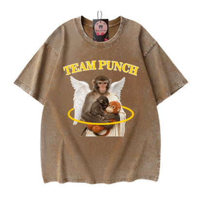 TEAM PUNCH Angel Monkey Graphic Modakawa Unisex Vintage Washed T-Shirt - Brown - 5XL - image 9