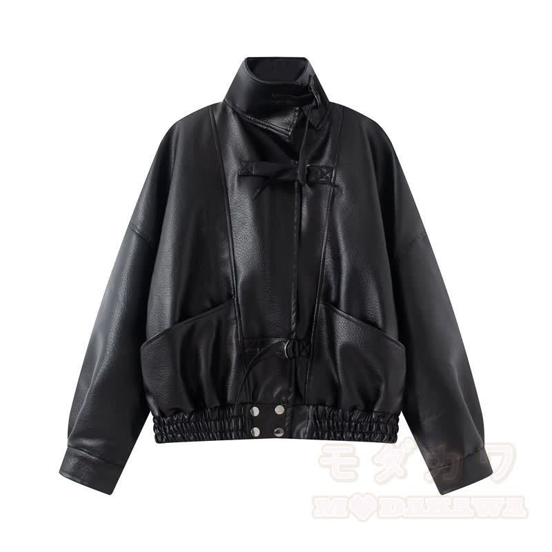 Vintage-Jacke aus Kunstleder mit Stehkragen und Reißverschluss, kurz geschnitten - Schwarz - XL - image 12