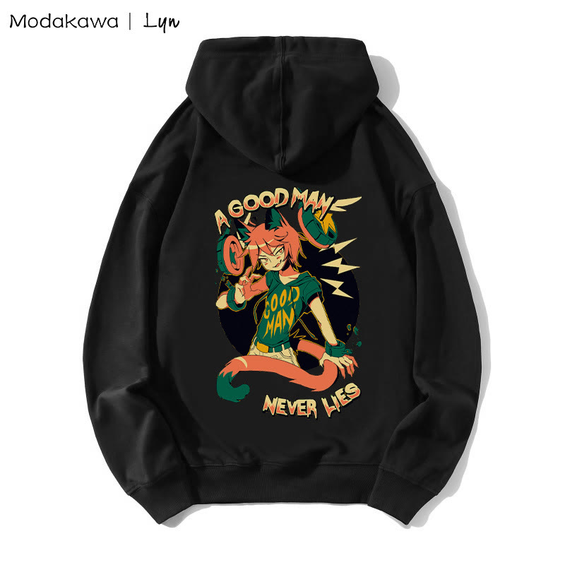 MODAKAWA X Lyn – Lockerer Hoodie mit Kitty-Man-Print „A GOOD MAN NEVER LIES“ - Black - 5XL - image 4