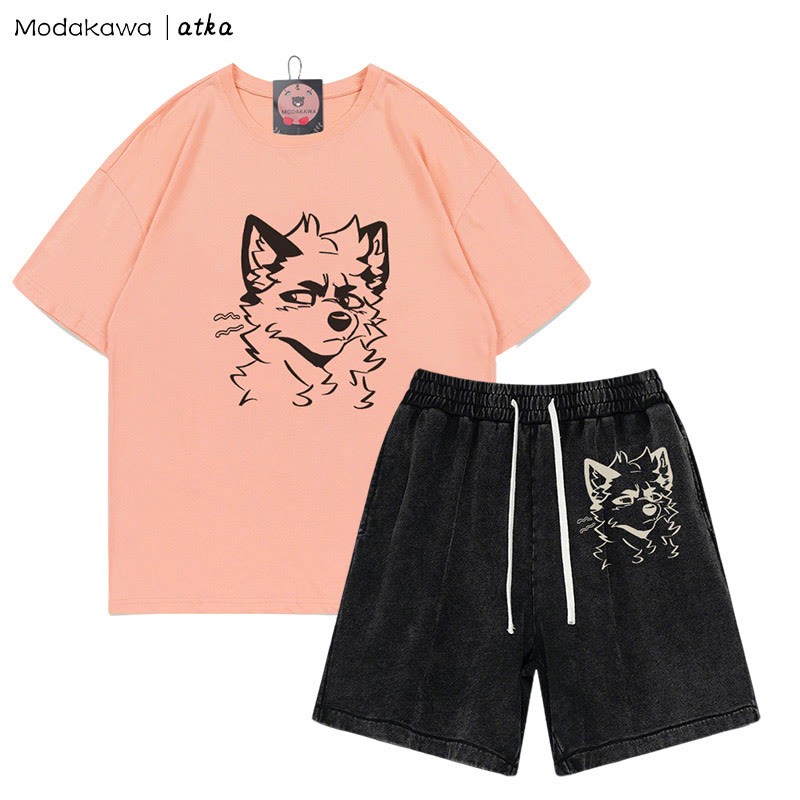 MODAKAWA X atka Cheeky Fox Grafik-T-Shirt Vintage Washed Shorts Zweiteiliges Set - Peach&Black - 3XL - image 10