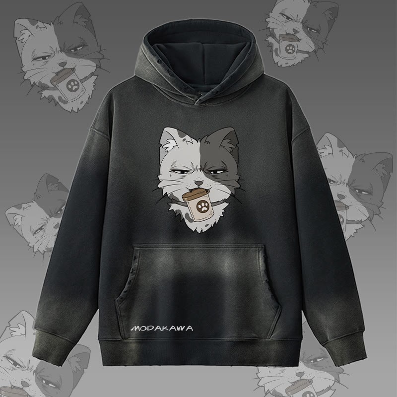 MODAKAWA Kapuzenpullover mit Katzenmotiv und Dose, Vintage-Waschung, Fleece-Futter - Black - 2XL - image 2
