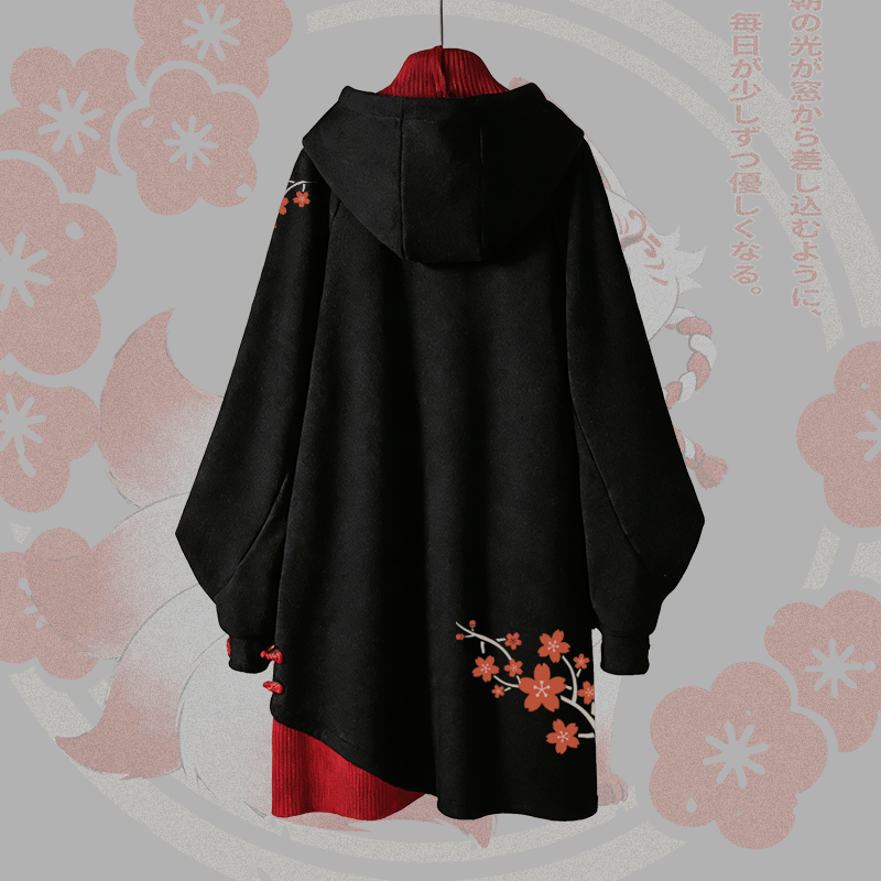 Vintage Kapuzenpulloverkleid mit Kirschblüten- und neunschwänzigem Fuchsmotiv und Schnalle - image 3