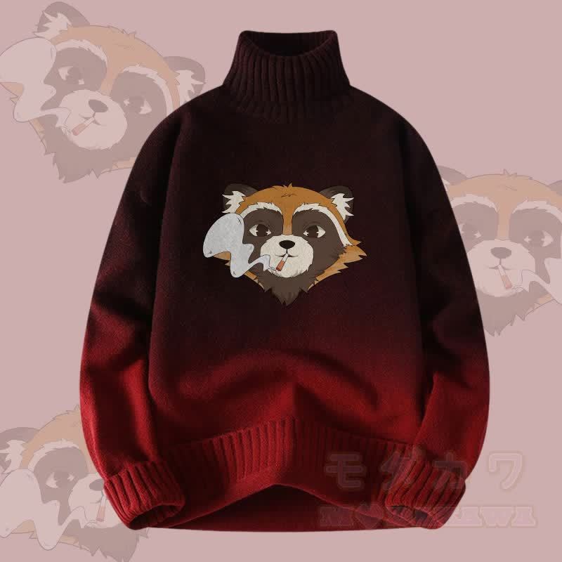 MODAKAWA Smoking Raccoon Farbverlauf-Strick-Rollkragenpullover - Weinrot - 4XL - image 3