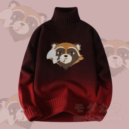 MODAKAWA Smoking Raccoon Farbverlauf-Strick-Rollkragenpullover - Weinrot - 4XL - image 3