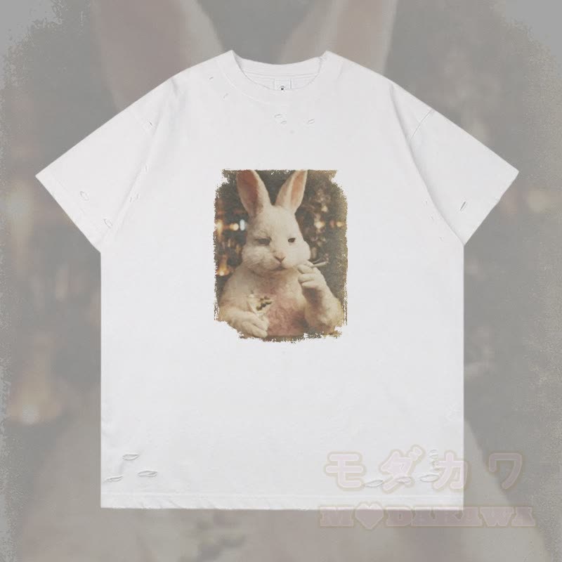 Vintage Smoking Bunny Grafik Modakawa Ripped T-Shirt - Weiß - 2XL - image 4