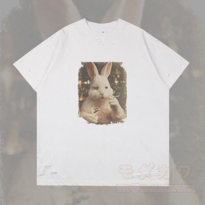 Vintage Smoking Bunny Grafik Modakawa Ripped T-Shirt - Weiß - 2XL - image 4