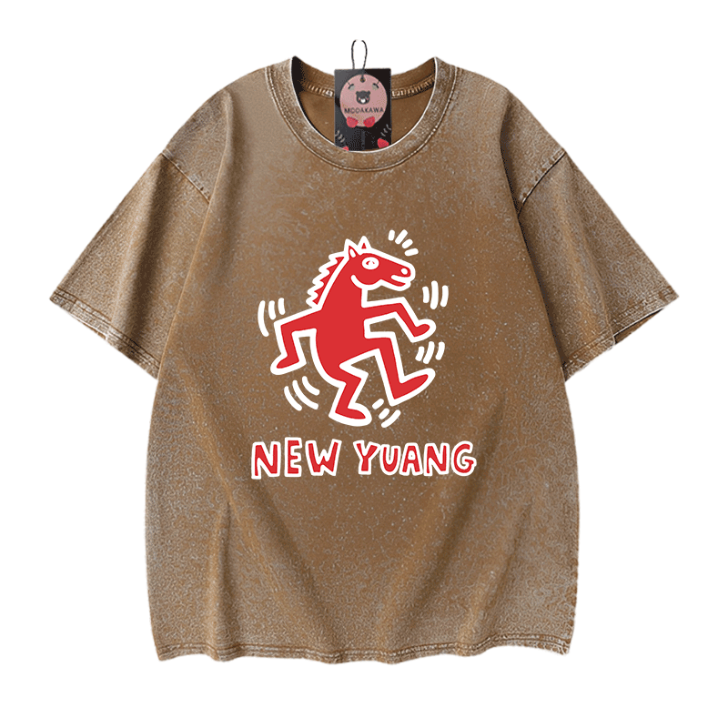 NEUES YUANG Pferde-Grafik Modakawa Unisex Vintage Washed T-Shirt - Brown - 5XL - image 9