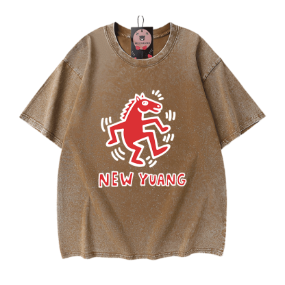 NEUES YUANG Pferde-Grafik Modakawa Unisex Vintage Washed T-Shirt - Brown - 5XL - image 9