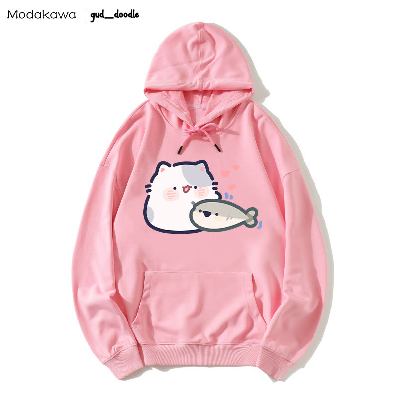 MODAKAWA X gud_doodle – Lockerer Hoodie mit Kitten-Fisch-Print - Pink - 5XL - image 5