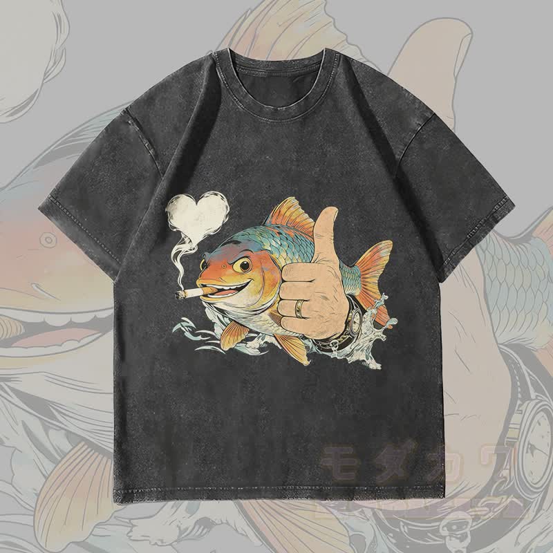 MODAKAWA Smoking Fish Grafik Unisex Vintage Washed T-Shirt - Schwarz - 4XL - image 3