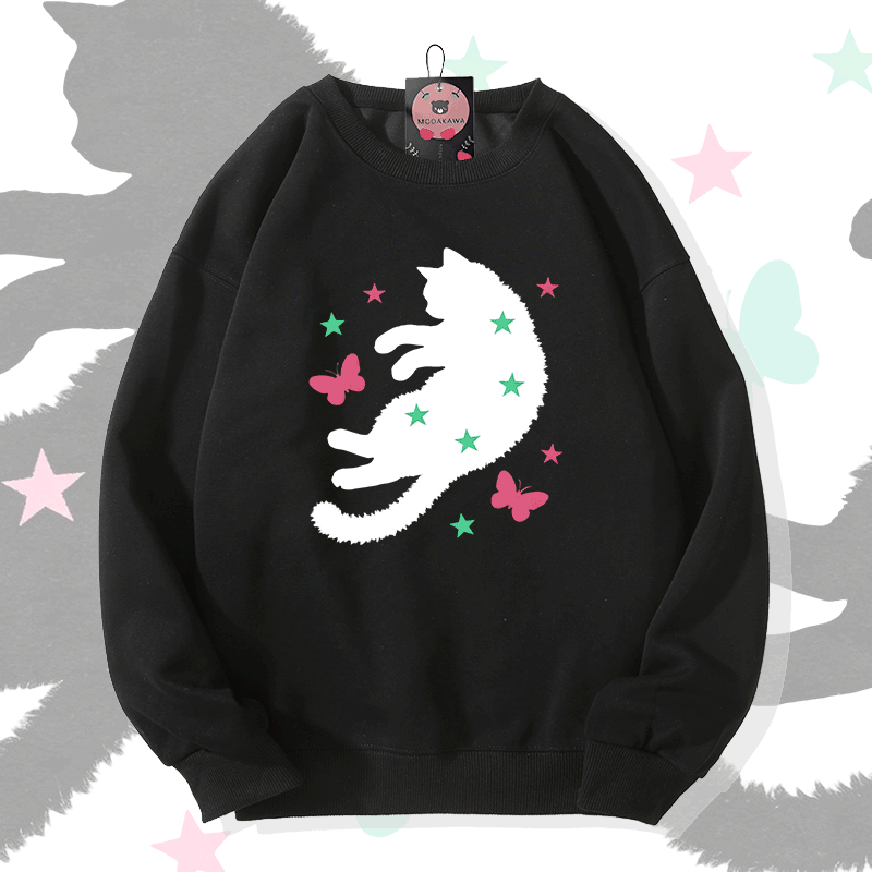 Modakawa Sweatshirt mit Sternen-, Schmetterlings- und Katzenmotiv - Black - 5XL - image 2