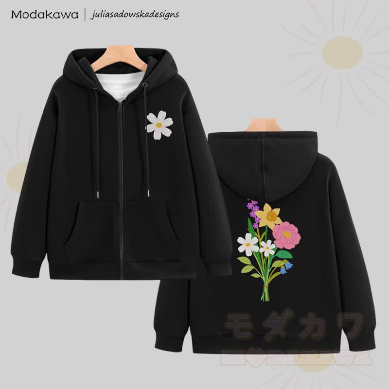 MODAKAWA X juliasadowskadesigns Kapuzenpullover mit floralem Grafikprint und Reißverschluss - Schwarz - 5XL - image 4
