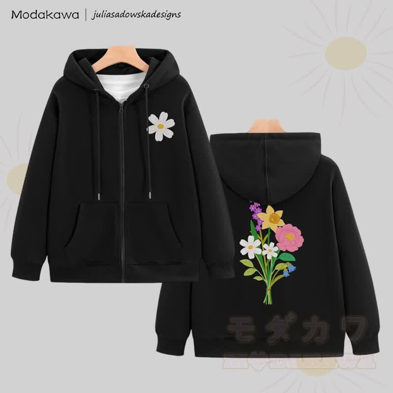 MODAKAWA X juliasadowskadesigns Kapuzenpullover mit floralem Grafikprint und Reißverschluss - Schwarz - 5XL - image 4