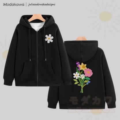 MODAKAWA X juliasadowskadesigns Kapuzenpullover mit floralem Grafikprint und Reißverschluss - Schwarz - 5XL - image 4