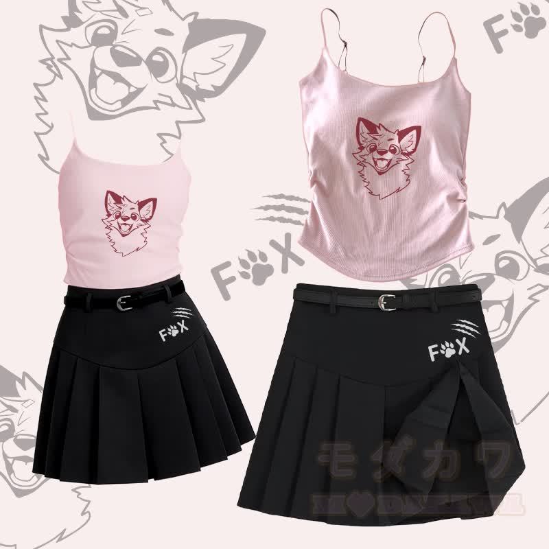 MODAKAWA X atka Fox Graphic Camisole Belt Pleated Skirt Two Pieces Set - Satz C - L - image 3
